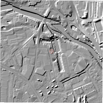 Shaded relief map of the ground around LS101PU, computed from Environment Agency LiDAR. The ground here sits at about 25 m above sea level and falls 18 m across the surrounding 800 m. Surface water reaching this point runs off ground lying to the east-south-east, 2.9 m higher.