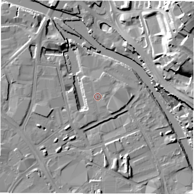 Shaded relief map of the ground around LS101PZ, computed from Environment Agency LiDAR. The ground here sits at about 27 m above sea level and falls 34 m across the surrounding 800 m. Surface water reaching this point runs off ground lying to the east, 0.5 m higher.