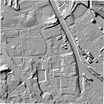 Shaded relief map of the ground around LS101QB, computed from Environment Agency LiDAR. The ground here sits at about 25 m above sea level and falls 16 m across the surrounding 800 m. Surface water reaching this point runs off ground lying to the north-north-west, 0.6 m higher.