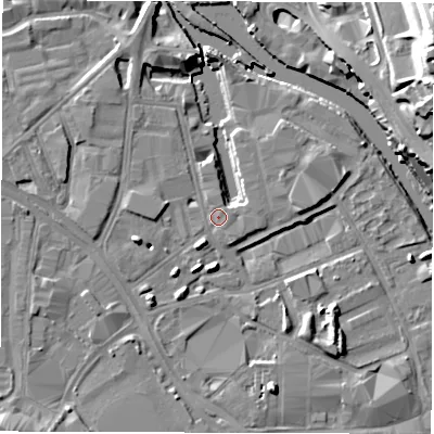 Shaded relief map of the ground around LS101QG, computed from Environment Agency LiDAR. The ground here sits at about 26 m above sea level and falls 25 m across the surrounding 800 m. Surface water reaching this point runs off ground lying to the east-south-east, 0.8 m higher.