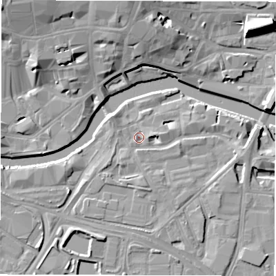Shaded relief map of the ground around LS101QN, computed from Environment Agency LiDAR. The ground here sits at about 26 m above sea level and falls 14 m across the surrounding 800 m. Surface water reaching this point runs off ground lying to the east, 3.7 m higher.