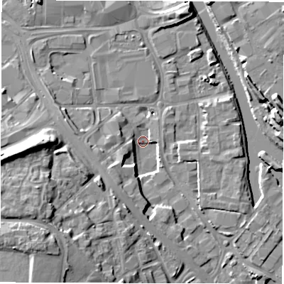 Shaded relief map of the ground around LS101QP, computed from Environment Agency LiDAR. The ground here sits at about 23 m above sea level and falls 16 m across the surrounding 800 m. Surface water reaching this point runs off ground lying to the south-south-west, 6.1 m higher.