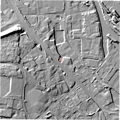 Shaded relief map of the ground around LS101QR, computed from Environment Agency LiDAR. The ground here sits at about 24 m above sea level and falls 16 m across the surrounding 800 m. Surface water reaching this point runs off ground lying to the north-west, 5.3 m higher.