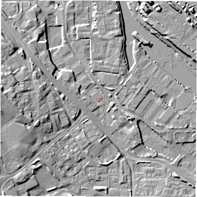 Shaded relief map of the ground around LS101RA, computed from Environment Agency LiDAR. The ground here sits at about 25 m above sea level and falls 13 m across the surrounding 800 m. Surface water reaching this point runs off ground lying to the west-north-west, 2.9 m higher.