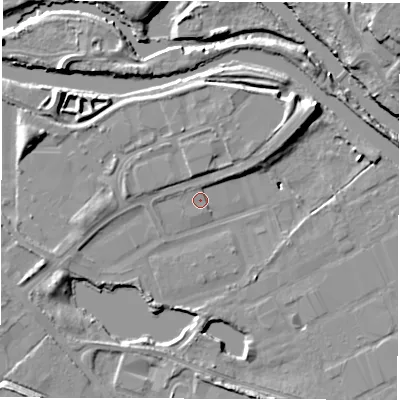 Shaded relief map of the ground around LS101RD, computed from Environment Agency LiDAR. The ground here sits at about 21 m above sea level and falls 12 m across the surrounding 800 m. Surface water reaching this point runs off ground lying to the north-east, 8.9 m higher.