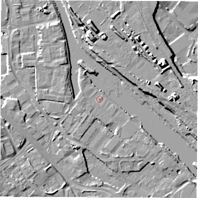 Shaded relief map of the ground around LS101RG, computed from Environment Agency LiDAR. The ground here sits at about 24 m above sea level and falls 14 m across the surrounding 800 m. Surface water reaching this point runs off ground lying to the south-south-east, 0.5 m higher.