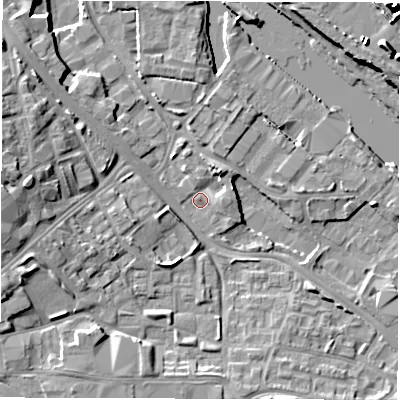 Shaded relief map of the ground around LS101RH, computed from Environment Agency LiDAR. The ground here sits at about 25 m above sea level and falls 13 m across the surrounding 800 m. Surface water reaching this point runs off ground lying to the west, 9.0 m higher.