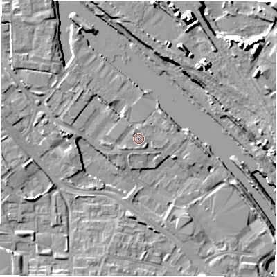 Shaded relief map of the ground around LS101RJ, computed from Environment Agency LiDAR. The ground here sits at about 25 m above sea level and falls 16 m across the surrounding 800 m. Surface water reaching this point runs off ground lying to the south-west, 1.2 m higher.