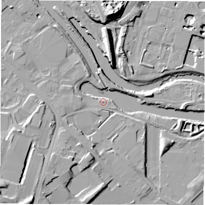 Shaded relief map of the ground around LS101RN, computed from Environment Agency LiDAR. The ground here sits at about 23 m above sea level and falls 21 m across the surrounding 800 m. Surface water reaching this point runs off ground lying to the south-south-west, 12.7 m higher.