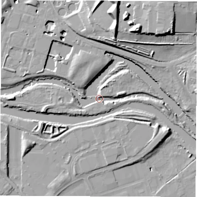 Shaded relief map of the ground around LS101RP, computed from Environment Agency LiDAR. The ground here sits at about 19 m above sea level and falls 27 m across the surrounding 800 m. Surface water reaching this point runs off ground lying to the west, 8.8 m higher.