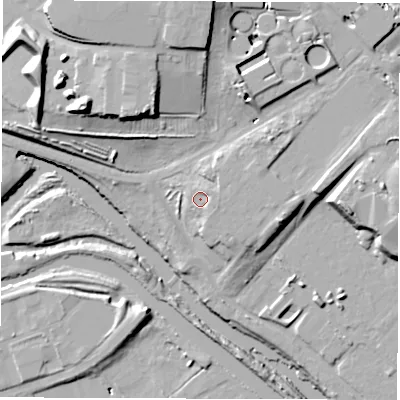 Shaded relief map of the ground around LS101RS, computed from Environment Agency LiDAR. The ground here sits at about 29 m above sea level and falls 28 m across the surrounding 800 m. Surface water reaching this point runs off ground lying to the east, 2.1 m higher.