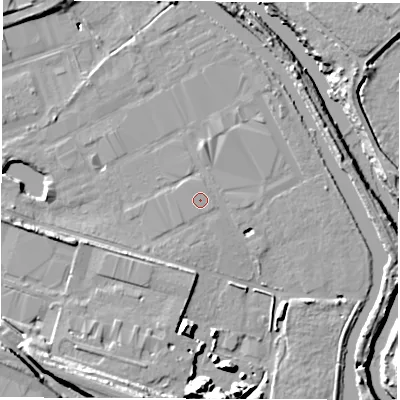 Shaded relief map of the ground around LS101RT, computed from Environment Agency LiDAR. The ground here sits at about 22 m above sea level and falls 15 m across the surrounding 800 m. The ground contributing surface water to this point lies to the south-south-east.