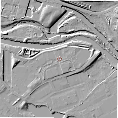Shaded relief map of the ground around LS101RW, computed from Environment Agency LiDAR. The ground here sits at about 23 m above sea level and falls 15 m across the surrounding 800 m. Surface water reaching this point runs off ground lying to the east, 3.3 m higher.