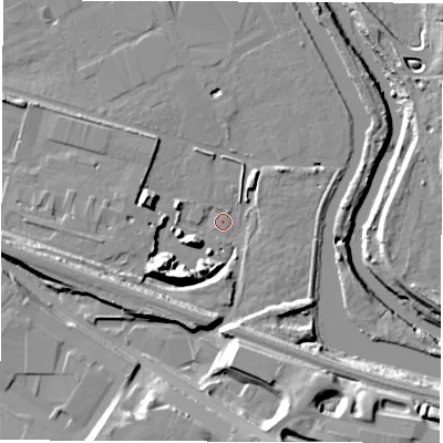 Shaded relief map of the ground around LS101RX, computed from Environment Agency LiDAR. The ground here sits at about 21 m above sea level and falls 21 m across the surrounding 800 m. Surface water reaching this point runs off ground lying to the south-south-east, 16.6 m higher.