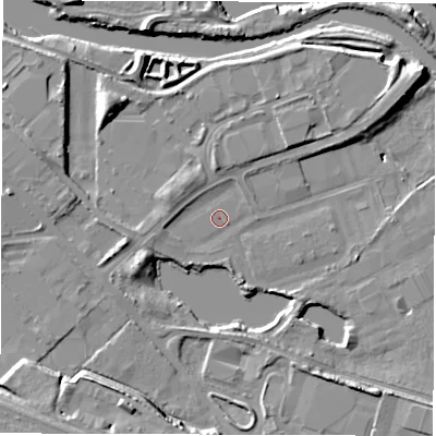 Shaded relief map of the ground around LS101RZ, computed from Environment Agency LiDAR. The ground here sits at about 21 m above sea level and falls 12 m across the surrounding 800 m. Surface water reaching this point runs off ground lying to the west-south-west, 2.1 m higher.