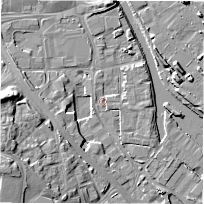 Shaded relief map of the ground around LS101TD, computed from Environment Agency LiDAR. The ground here sits at about 25 m above sea level and falls 16 m across the surrounding 800 m. Surface water reaching this point runs off ground lying to the south-east, 1.5 m higher.