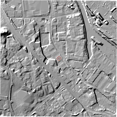 Shaded relief map of the ground around LS101TE, computed from Environment Agency LiDAR. The ground here sits at about 25 m above sea level and falls 15 m across the surrounding 800 m. Surface water reaching this point runs off ground lying to the south-west, 2.6 m higher.