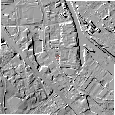 Shaded relief map of the ground around LS101TF, computed from Environment Agency LiDAR. The ground here sits at about 25 m above sea level and falls 15 m across the surrounding 800 m. Surface water reaching this point runs off ground lying to the east-south-east, 2.0 m higher.