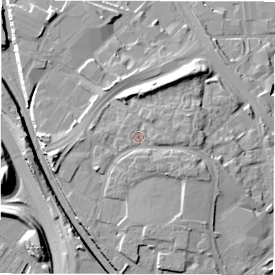 Shaded relief map of the ground around LS101UU, computed from Environment Agency LiDAR. The ground here sits at about 34 m above sea level and falls 20 m across the surrounding 800 m. Surface water reaching this point runs off ground lying to the east-north-east, 2.8 m higher.