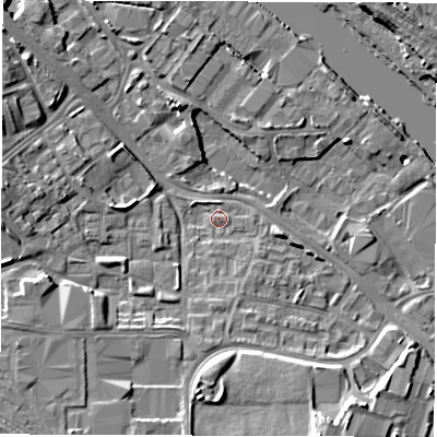 Shaded relief map of the ground around LS102LR, computed from Environment Agency LiDAR. The ground here sits at about 25 m above sea level and falls 12 m across the surrounding 800 m. Surface water reaching this point runs off ground lying to the south, 6.8 m higher.