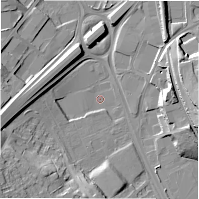 Shaded relief map of the ground around LS110BD, computed from Environment Agency LiDAR. The ground here sits at about 40 m above sea level and falls 30 m across the surrounding 800 m. Surface water reaching this point runs off ground lying to the south-west, 29.0 m higher.