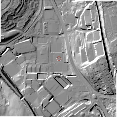 Shaded relief map of the ground around LS110BL, computed from Environment Agency LiDAR. The ground here sits at about 46 m above sea level and falls 30 m across the surrounding 800 m. Surface water reaching this point runs off ground lying to the south-south-west, 24.6 m higher.