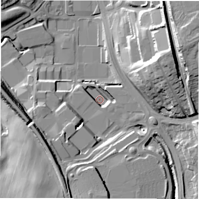 Shaded relief map of the ground around LS110DL, computed from Environment Agency LiDAR. The ground here sits at about 45 m above sea level and falls 32 m across the surrounding 800 m. Surface water reaching this point runs off ground lying to the west-south-west, 6.5 m higher.