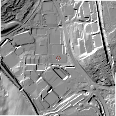 Shaded relief map of the ground around LS110HF, computed from Environment Agency LiDAR. The ground here sits at about 46 m above sea level and falls 29 m across the surrounding 800 m. Surface water reaching this point runs off ground lying to the south-south-west, 25.2 m higher.
