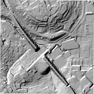 Shaded relief map of the ground around LS110HS, computed from Environment Agency LiDAR. The ground here sits at about 50 m above sea level and falls 47 m across the surrounding 800 m. Surface water reaching this point runs off ground lying to the south-west, 44.0 m higher.