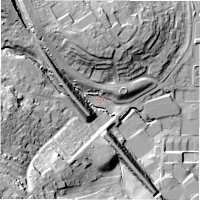 Shaded relief map of the ground around LS110HT, computed from Environment Agency LiDAR. The ground here sits at about 50 m above sea level and falls 47 m across the surrounding 800 m. Surface water reaching this point runs off ground lying to the south-west, 44.2 m higher.