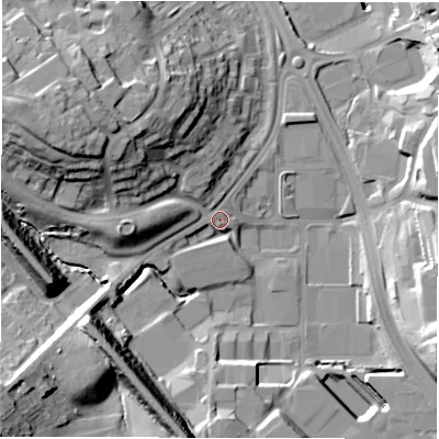 Shaded relief map of the ground around LS110HW, computed from Environment Agency LiDAR. The ground here sits at about 49 m above sea level and falls 36 m across the surrounding 800 m. Surface water reaching this point runs off ground lying to the west-north-west, 24.5 m higher.