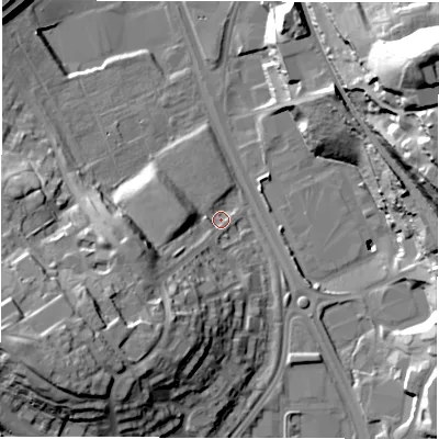 Shaded relief map of the ground around LS110JG, computed from Environment Agency LiDAR. The ground here sits at about 44 m above sea level and falls 48 m across the surrounding 800 m. Surface water reaching this point runs off ground lying to the south-west, 25.5 m higher.