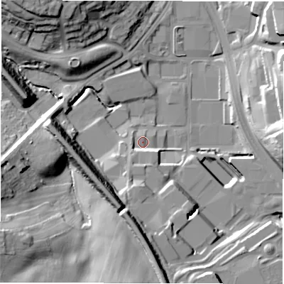 Shaded relief map of the ground around LS110LR, computed from Environment Agency LiDAR. The ground here sits at about 50 m above sea level and falls 33 m across the surrounding 800 m. Surface water reaching this point runs off ground lying to the south-south-west, 6.9 m higher.