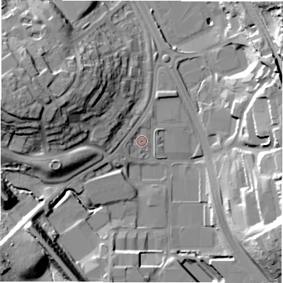 Shaded relief map of the ground around LS110LS, computed from Environment Agency LiDAR. The ground here sits at about 46 m above sea level and falls 33 m across the surrounding 800 m. Surface water reaching this point runs off ground lying to the west-south-west, 2.4 m higher.