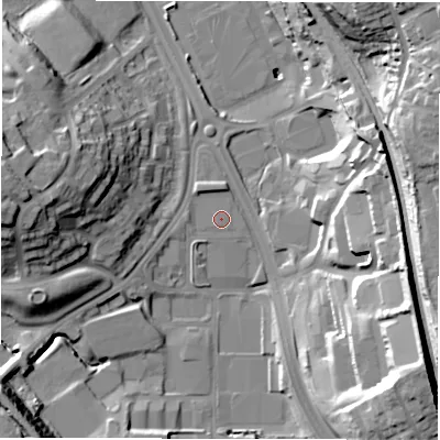 Shaded relief map of the ground around LS110LU, computed from Environment Agency LiDAR. The ground here sits at about 46 m above sea level and falls 39 m across the surrounding 800 m. Surface water reaching this point runs off ground lying to the south-west, 1.1 m higher.