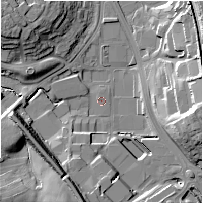 Shaded relief map of the ground around LS110LW, computed from Environment Agency LiDAR. The ground here sits at about 47 m above sea level and falls 29 m across the surrounding 800 m. Surface water reaching this point runs off ground lying to the west-north-west, 0.5 m higher.