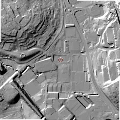 Shaded relief map of the ground around LS110LX, computed from Environment Agency LiDAR. The ground here sits at about 45 m above sea level and falls 29 m across the surrounding 800 m. Surface water reaching this point runs off ground lying to the east-south-east, 26.9 m higher.
