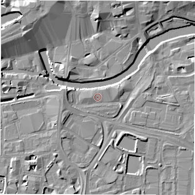 Shaded relief map of the ground around LS115AD, computed from Environment Agency LiDAR. The ground here sits at about 28 m above sea level and falls 11 m across the surrounding 800 m. Surface water reaching this point runs off ground lying to the west, 3.1 m higher.