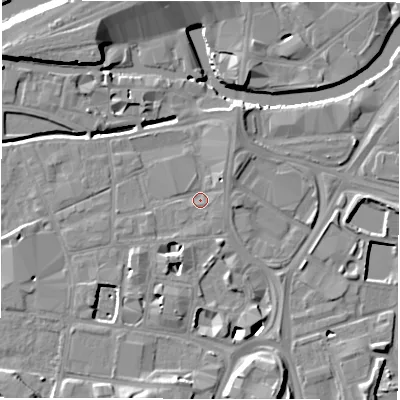 Shaded relief map of the ground around LS115AE, computed from Environment Agency LiDAR. The ground here sits at about 27 m above sea level and falls 11 m across the surrounding 800 m. Surface water reaching this point runs off ground lying to the south-south-west, 4.3 m higher.