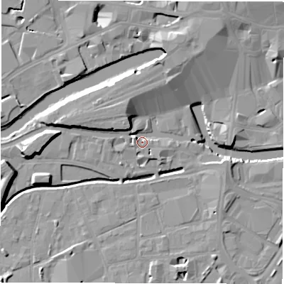 Shaded relief map of the ground around LS115AS, computed from Environment Agency LiDAR. The ground here sits at about 28 m above sea level and falls 12 m across the surrounding 800 m. Surface water reaching this point runs off ground lying to the north-west, 9.7 m higher.