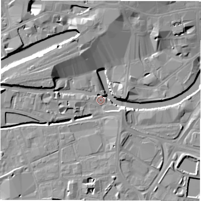 Shaded relief map of the ground around LS115BB, computed from Environment Agency LiDAR. The ground here sits at about 27 m above sea level and falls 12 m across the surrounding 800 m. Surface water reaching this point runs off ground lying to the west-north-west, 10.7 m higher.