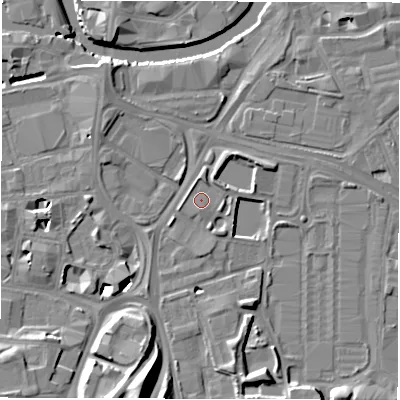 Shaded relief map of the ground around LS115BD, computed from Environment Agency LiDAR. The ground here sits at about 27 m above sea level and falls 16 m across the surrounding 800 m. Surface water reaching this point runs off ground lying to the east-north-east, 1.2 m higher.