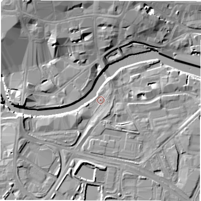 Shaded relief map of the ground around LS115BJ, computed from Environment Agency LiDAR. The ground here sits at about 26 m above sea level and falls 14 m across the surrounding 800 m. Surface water reaching this point runs off ground lying to the west-south-west, 5.0 m higher.