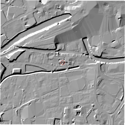 Shaded relief map of the ground around LS115BQ, computed from Environment Agency LiDAR. The ground here sits at about 29 m above sea level and falls 11 m across the surrounding 800 m. Surface water reaching this point runs off ground lying to the east-north-east, 3.0 m higher.