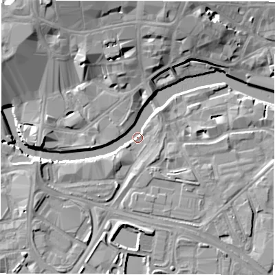 Shaded relief map of the ground around LS115BW, computed from Environment Agency LiDAR. The ground here sits at about 26 m above sea level and falls 14 m across the surrounding 800 m. Surface water reaching this point runs off ground lying to the west-south-west, 6.6 m higher.