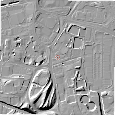 Shaded relief map of the ground around LS115DD, computed from Environment Agency LiDAR. The ground here sits at about 28 m above sea level and falls 18 m across the surrounding 800 m. Surface water reaching this point runs off ground lying to the east-north-east, 1.1 m higher.