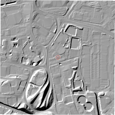Shaded relief map of the ground around LS115DE, computed from Environment Agency LiDAR. The ground here sits at about 28 m above sea level and falls 18 m across the surrounding 800 m. Surface water reaching this point runs off ground lying to the south-west, 1.0 m higher.