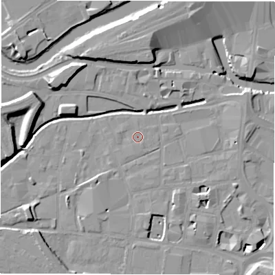 Shaded relief map of the ground around LS115DL, computed from Environment Agency LiDAR. The ground here sits at about 28 m above sea level and falls 11 m across the surrounding 800 m. Surface water reaching this point runs off ground lying to the south-south-east, 0.7 m higher.