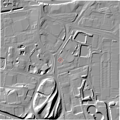 Shaded relief map of the ground around LS115DQ, computed from Environment Agency LiDAR. The ground here sits at about 27 m above sea level and falls 18 m across the surrounding 800 m. Surface water reaching this point runs off ground lying to the south-south-west, 15.1 m higher.