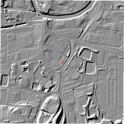 Shaded relief map of the ground around LS115DZ, computed from Environment Agency LiDAR. The ground here sits at about 27 m above sea level and falls 16 m across the surrounding 800 m. Surface water reaching this point runs off ground lying to the south, 16.2 m higher.